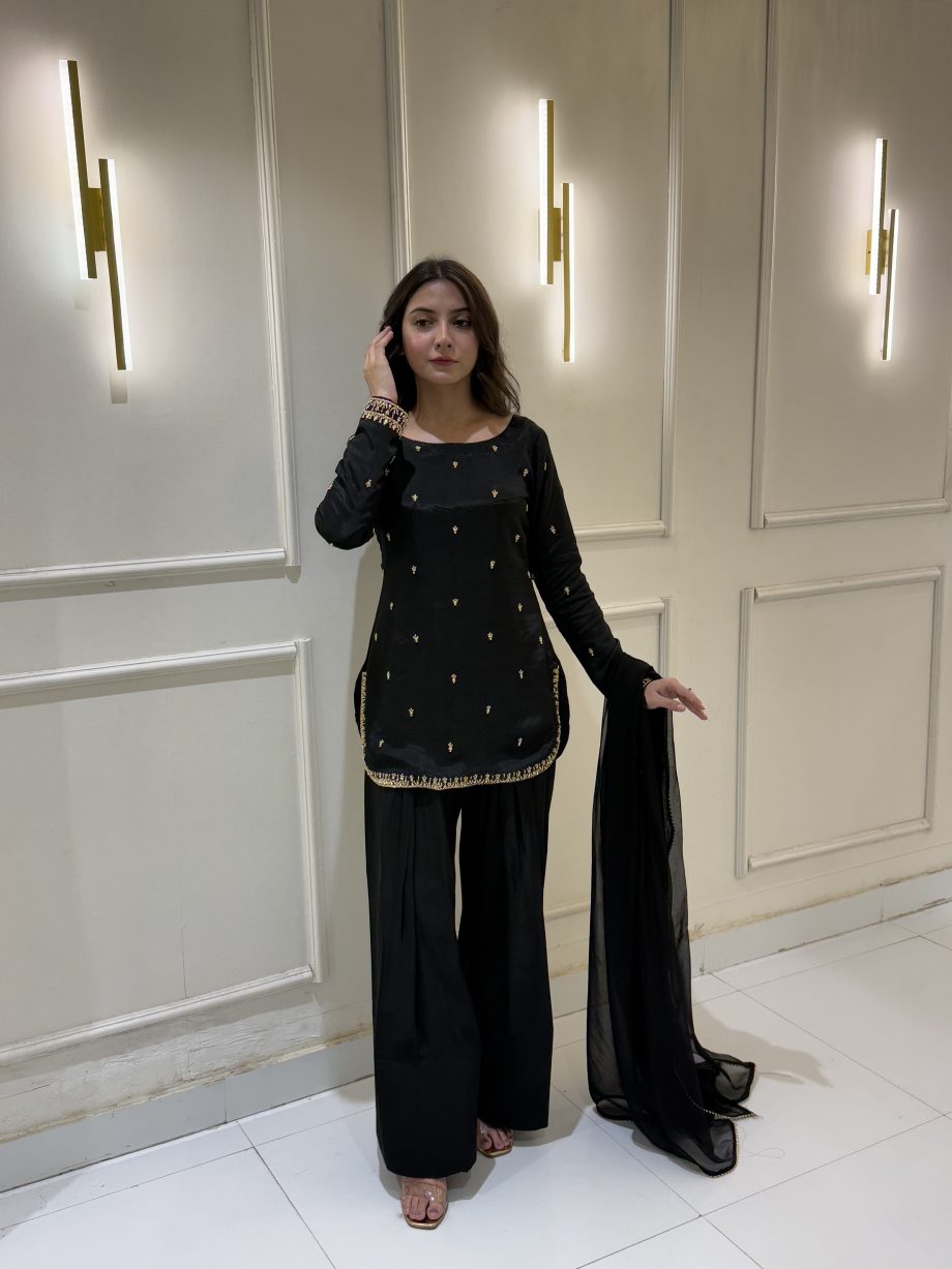 SOLID BLACK SHORT KURTA WITH SHALWAR AND DUPATTA