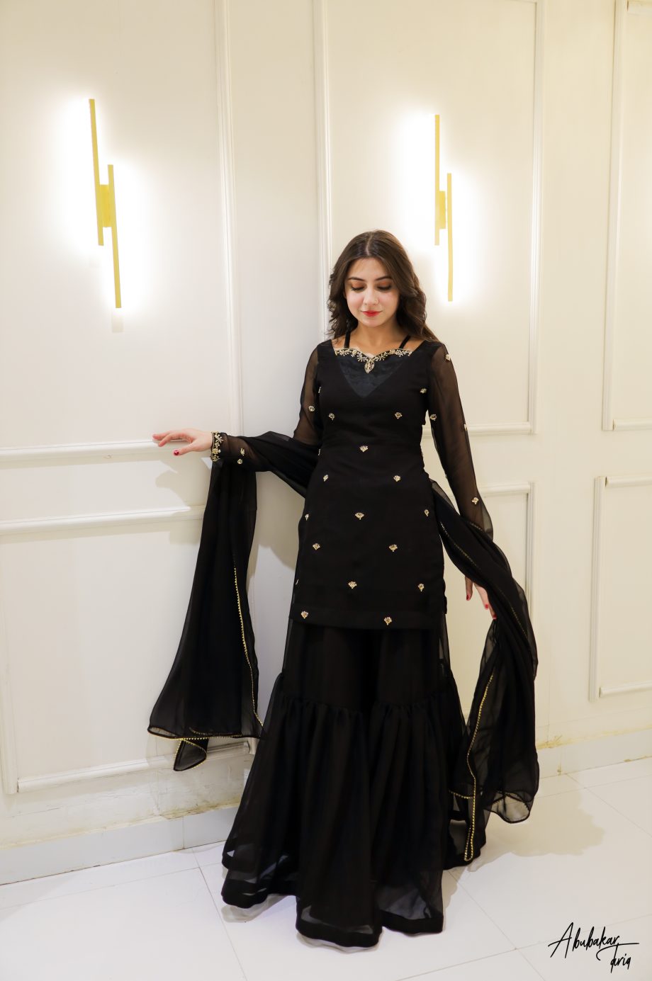 SOLID BLACK HAND EMBELLISHED KURTA GHARARA