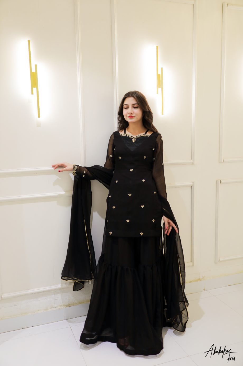 SOLID BLACK HAND EMBELLISHED KURTA GHARARA