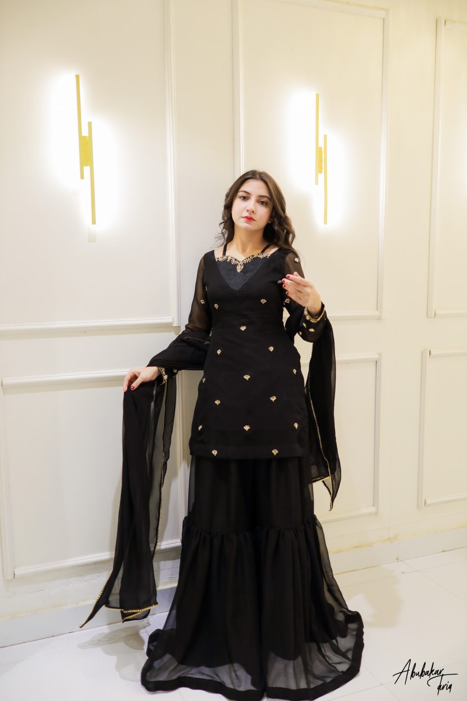 SOLID BLACK HAND EMBELLISHED KURTA GHARARA