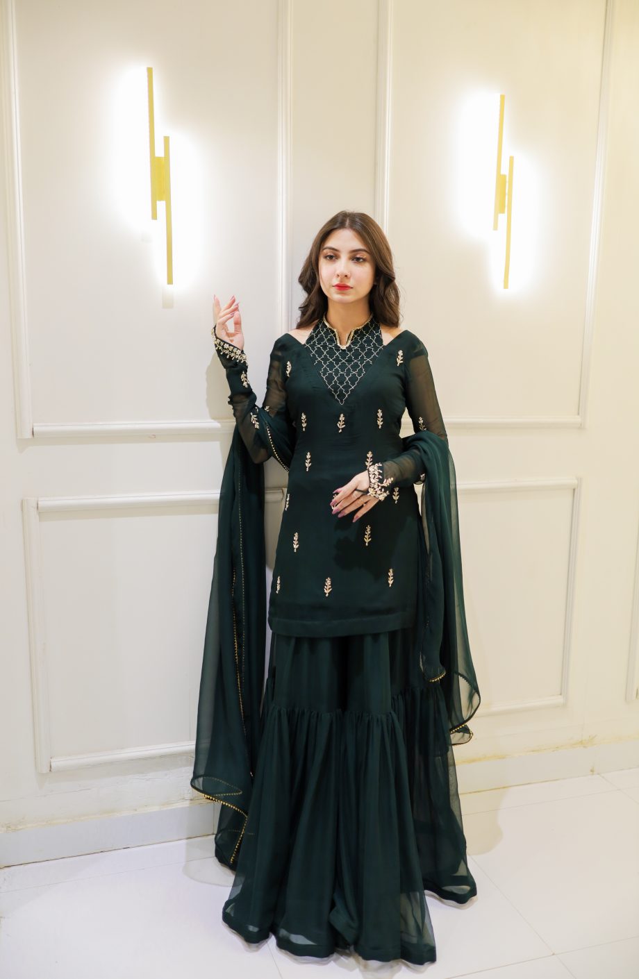 SOLID GREEN CHOKER NECK KURTA GHARARA WITH DUPATTA