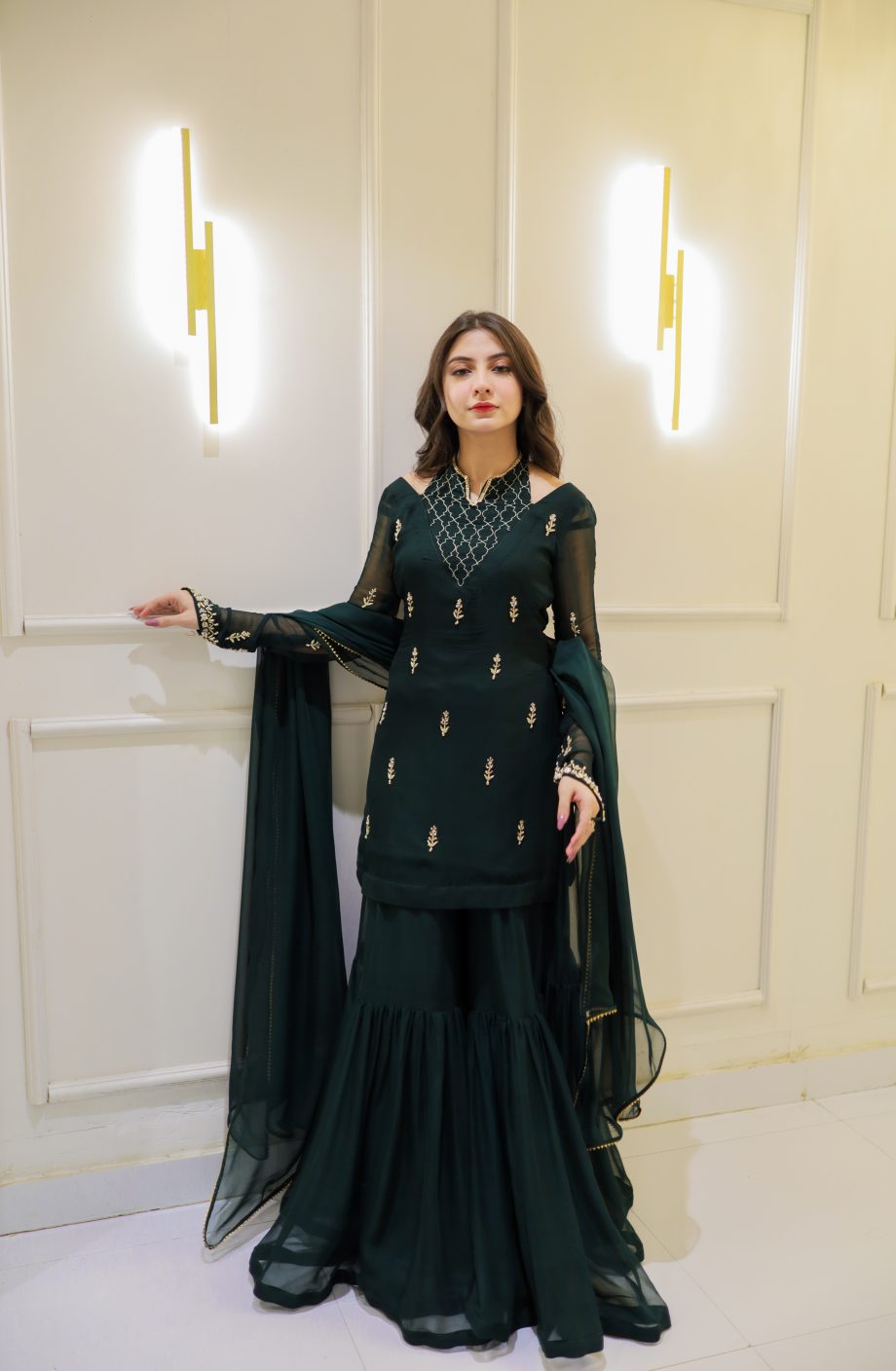 SOLID GREEN CHOKER NECK KURTA GHARARA WITH DUPATTA