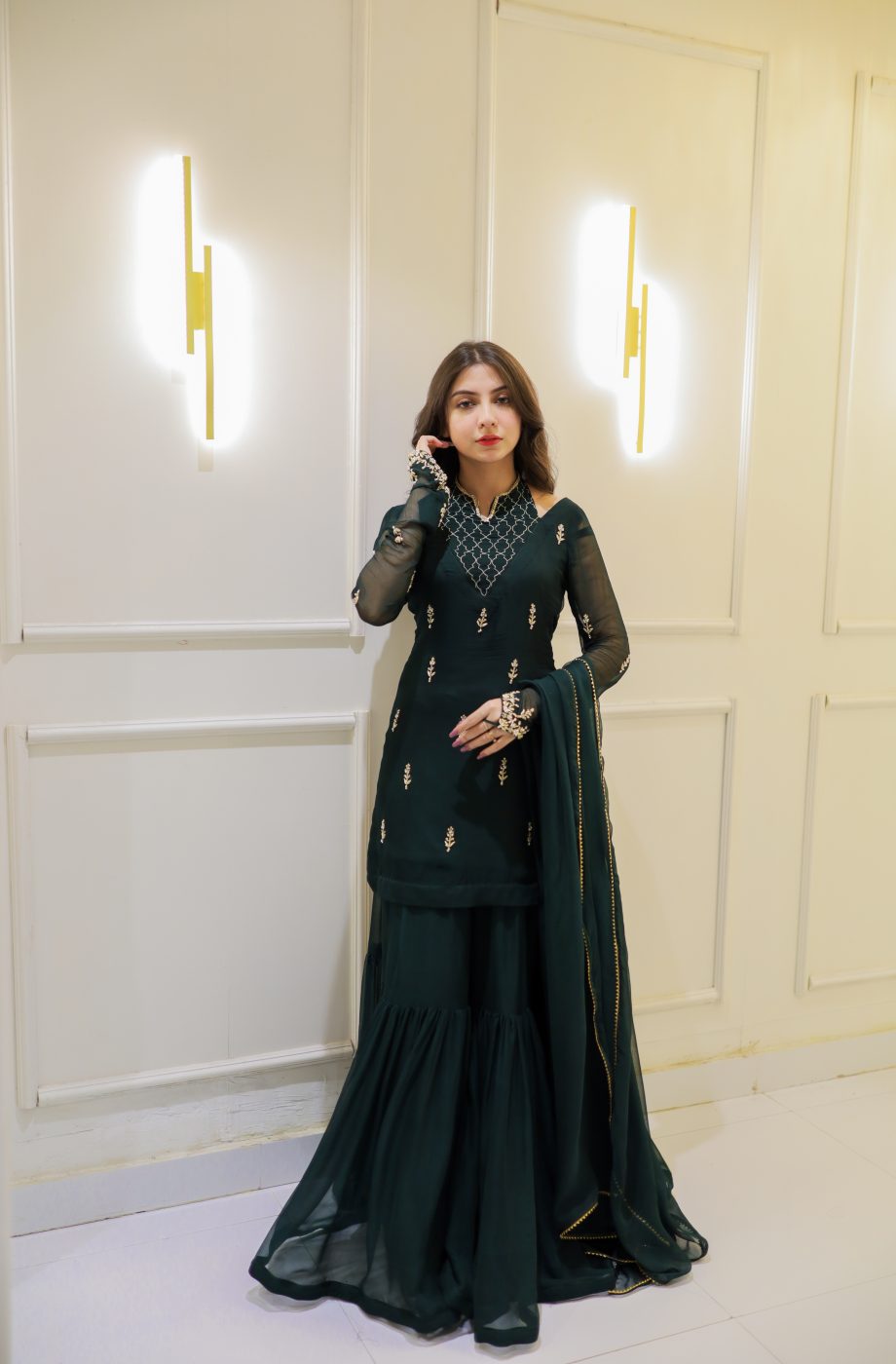 SOLID GREEN CHOKER NECK KURTA GHARARA WITH DUPATTA