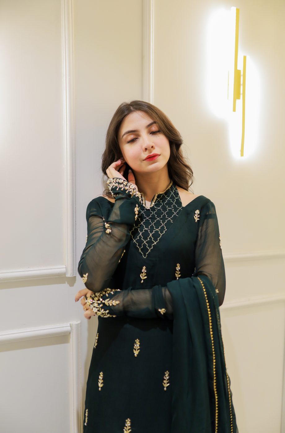 SOLID GREEN CHOKER NECK KURTA GHARARA WITH DUPATTA