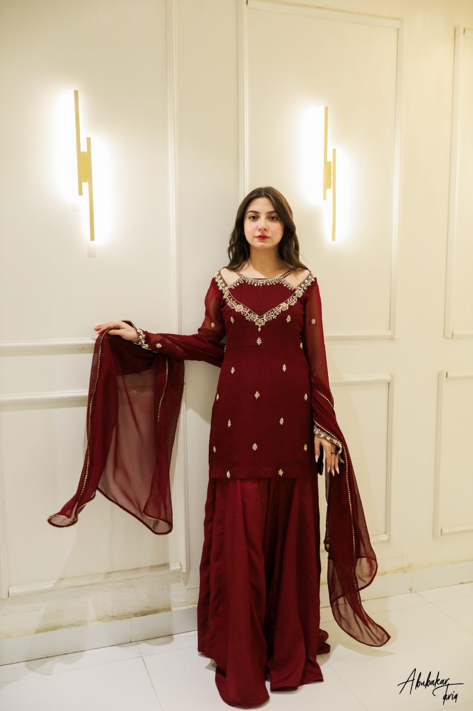 SOLID MAROON HAND EMBELLISHED KURTA GHARARA SET WITH DUPATTA