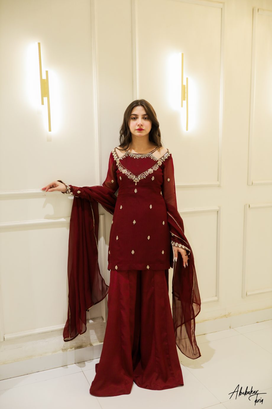 SOLID MAROON HAND EMBELLISHED KURTA GHARARA SET WITH DUPATTA