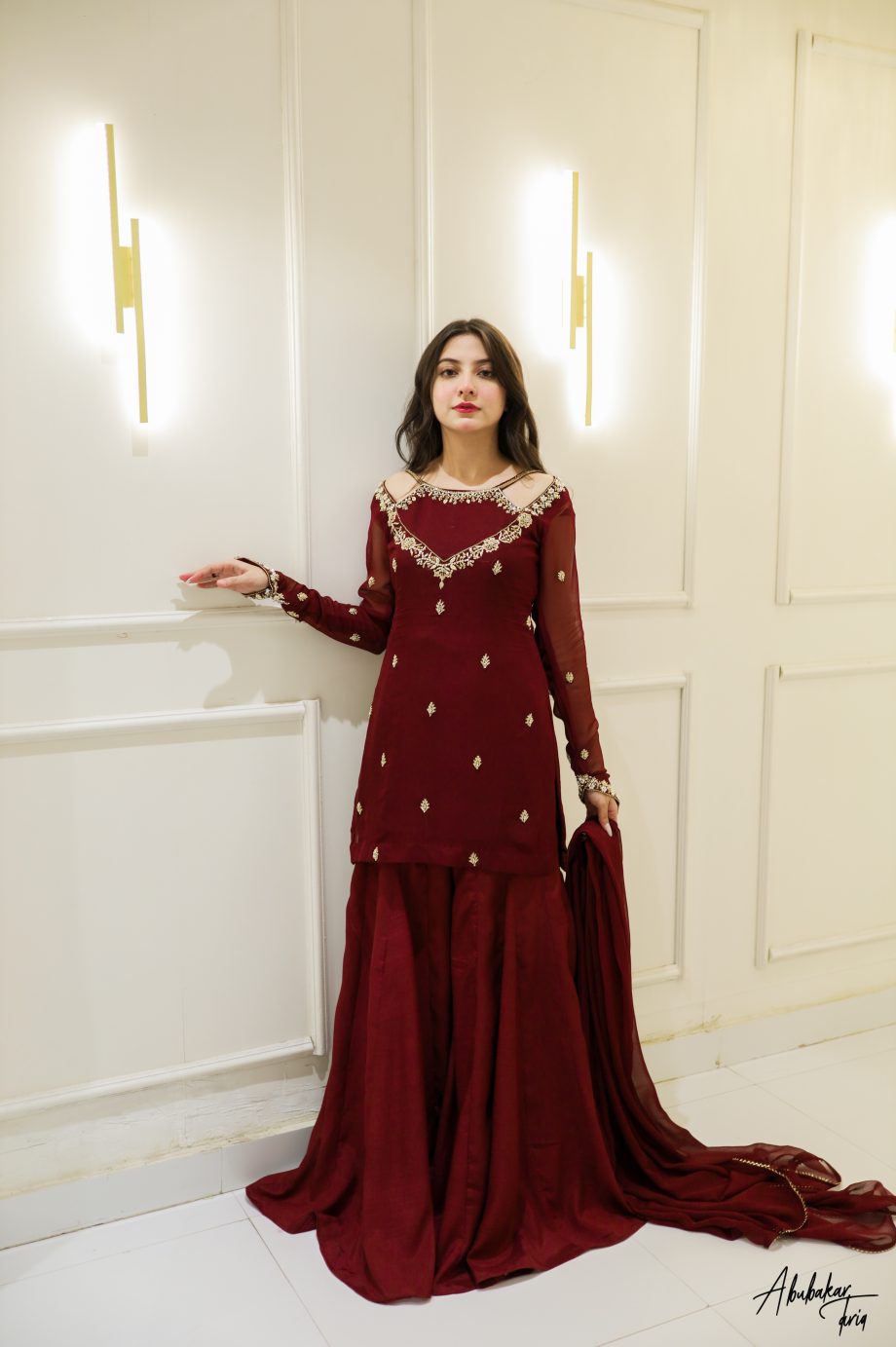 SOLID MAROON HAND EMBELLISHED KURTA GHARARA SET WITH DUPATTA