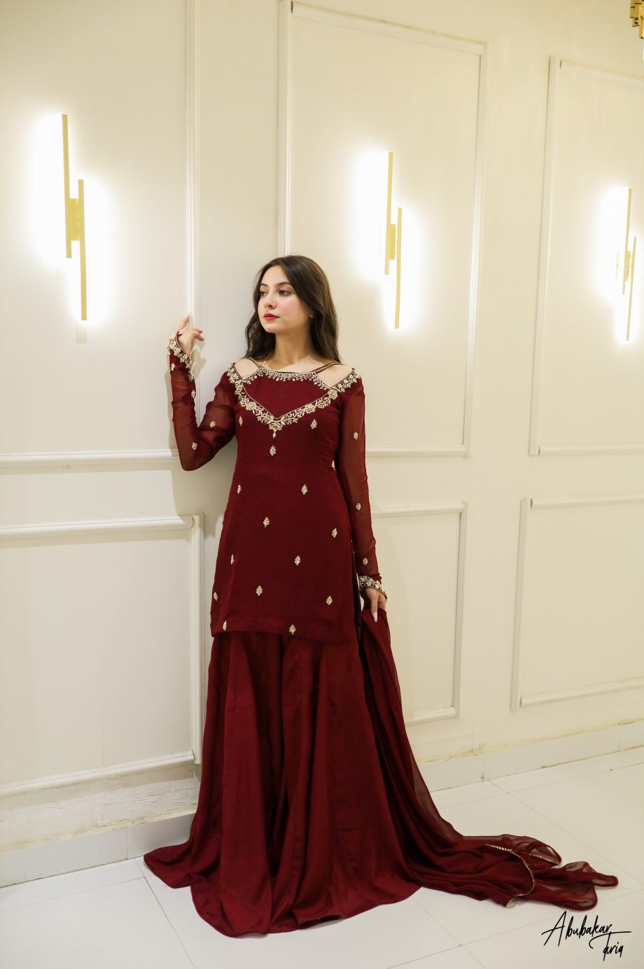 SOLID MAROON HAND EMBELLISHED KURTA GHARARA SET WITH DUPATTA