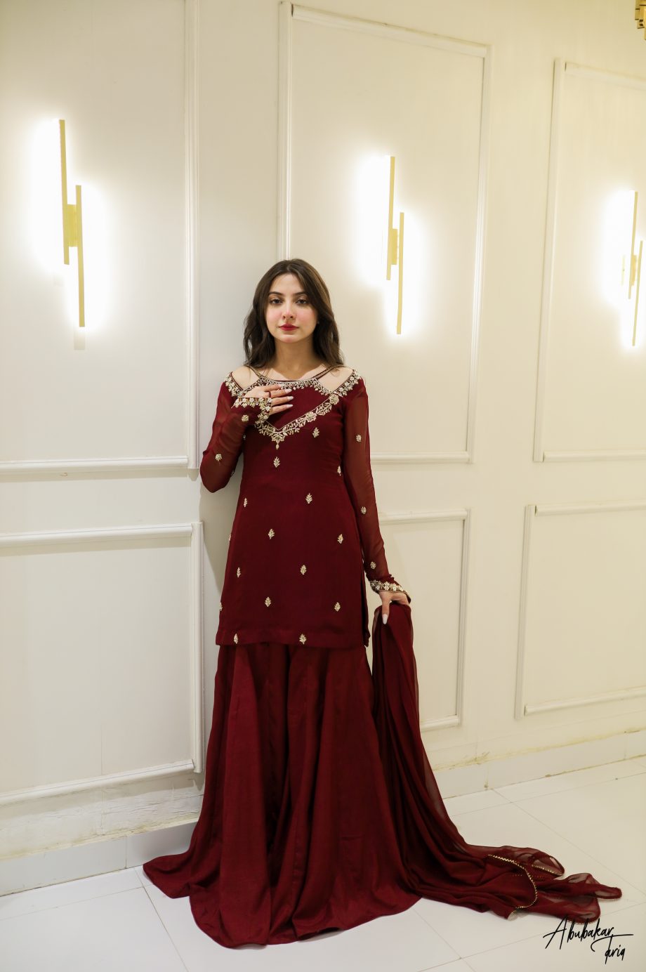 SOLID MAROON HAND EMBELLISHED KURTA GHARARA SET WITH DUPATTA